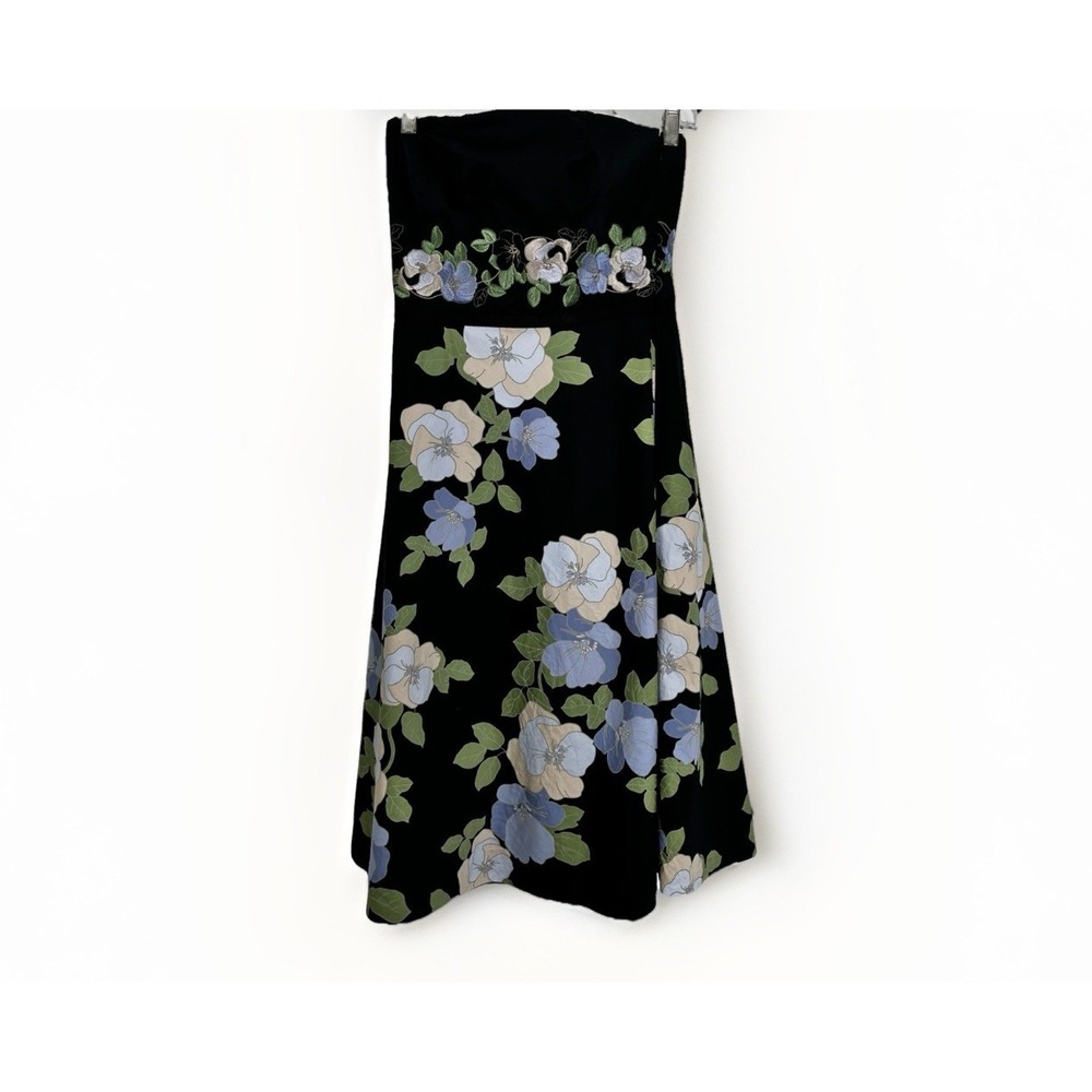Ann Taylor Loft SZ 2 Embroidered Navy Blue Strapless, Floral Midi Dress